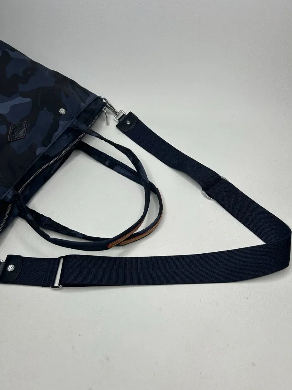 MZ WALLACE Medium Blue Camo Soho Crossbody Tote w/Pouch & Crossbody Strap